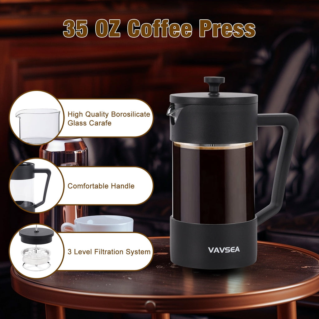 VAVSEA 35oz French Press Coffee Maker, Thickened High-Heat Borosilicate Glass Coffee Press with Fine Filtration System for Camping Travel, Dishwasher Safe, Gifts for Father's Day, Black