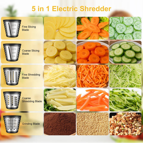 VAVSEA 5-in-1 Electric Cheese Grater, 400W Electric Cheese Shredder with 5 Stainless Blades, Salad Maker with One-Touch Control for Cheese, Vegetables and Fruits