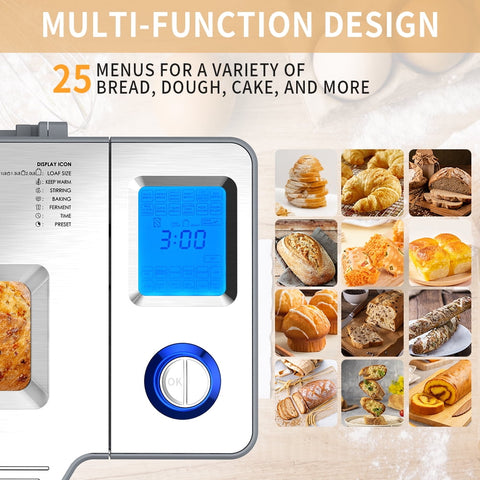 VAVSEA 25 in 1 Bread Maker Machine, 2LB Bread Maker with Auto Fruit and Nut Dispenser, Gluten Free Setting, Stainless Steel, Reserve & Keep Warm Set