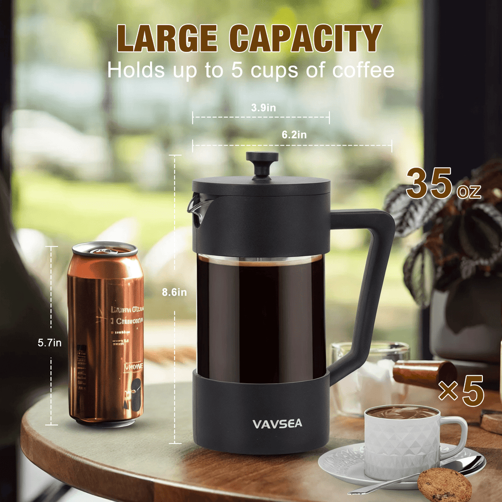 VAVSEA 35oz French Press Coffee Maker, Thickened High-Heat Borosilicate Glass Coffee Press with Fine Filtration System for Camping Travel, Dishwasher Safe, Gifts for Father's Day, Black