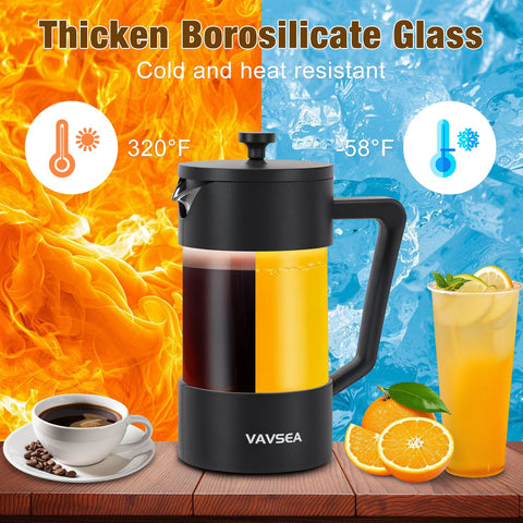VAVSEA 35oz French Press Coffee Maker, Thickened High-Heat Borosilicate Glass Coffee Press with Fine Filtration System for Camping Travel, Dishwasher Safe, Gifts for Father's Day, Black